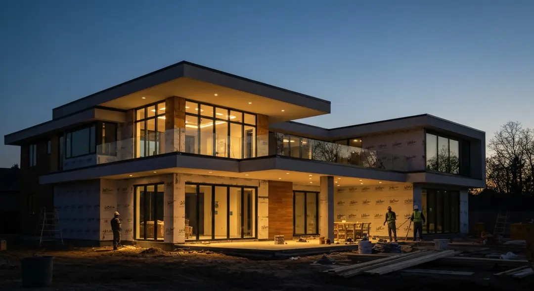 A two-storey modern house with lit windows at dusk