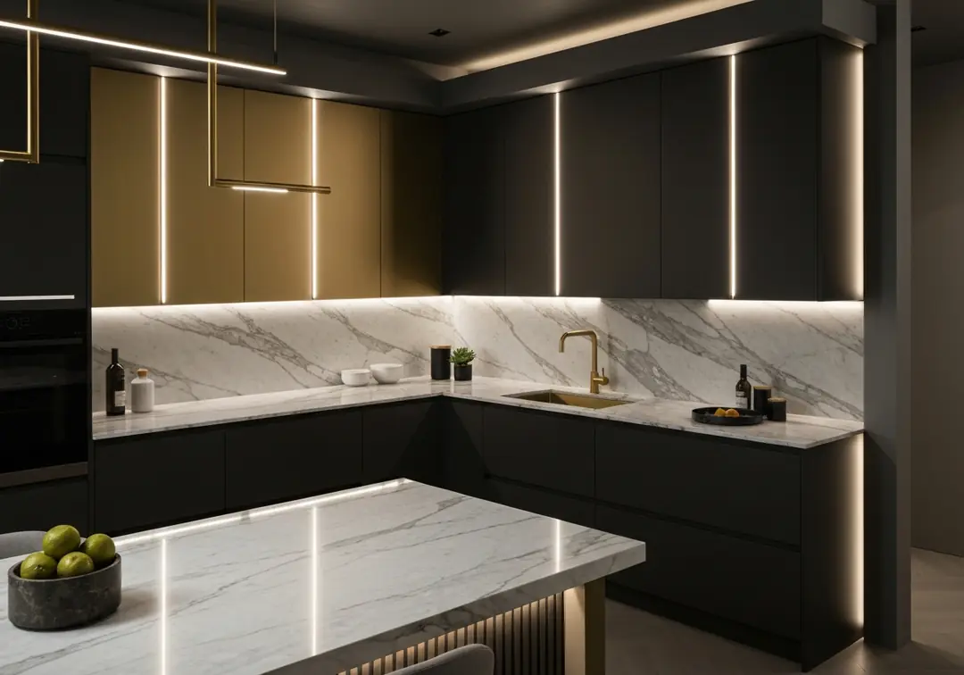 A dark modern kitchen with marble counters and warm strip lighting
